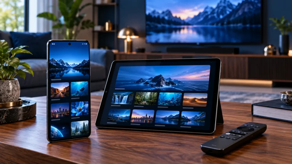 Smartphone and tablet displaying media libraries beside a TV remote