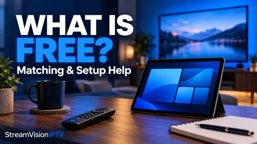 Tablet, television and remote illustrating free IPTV matching and setup assistance