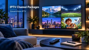 Television displaying sports, nature, news and family entertainment beside a remote and notebook.