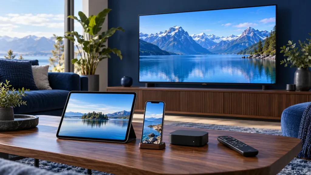 Television, tablet, smartphone and streaming box arranged in a living room