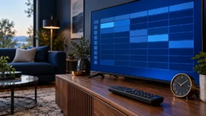 Television showing an empty program-guide grid beside a remote and clock