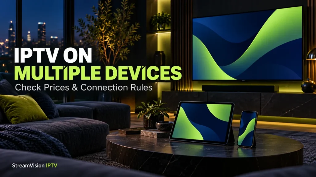 Television, tablet, and phone illustrating devices to check for an IPTV plan