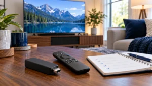 HDMI streaming stick, TV remote and viewing checklist on a living-room table
