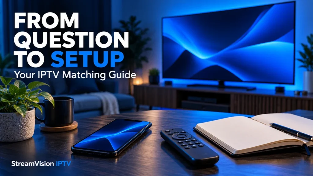 Phone, TV remote and notebook illustrating the IPTV matching and setup process