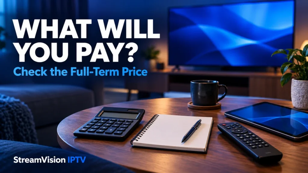 Calculator, notebook and TV remote illustrating full-term IPTV subscription costs