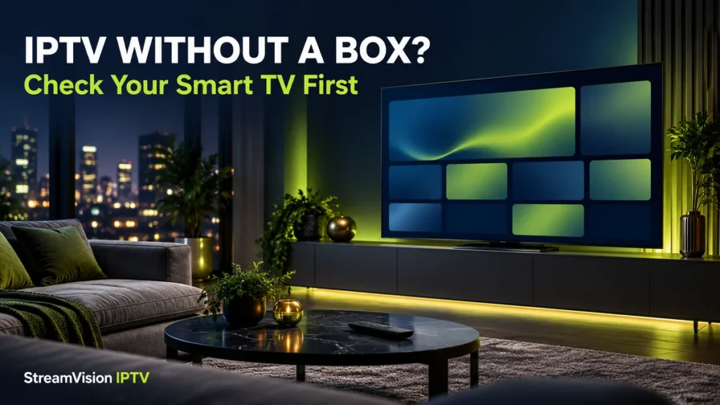 Smart television and remote in a living room without an external streaming box