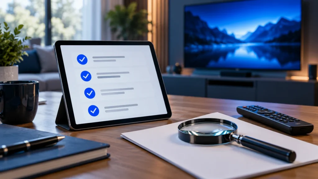 Tablet checklist, magnifying glass and TV remote on a desk for an IPTV provider-checking guide