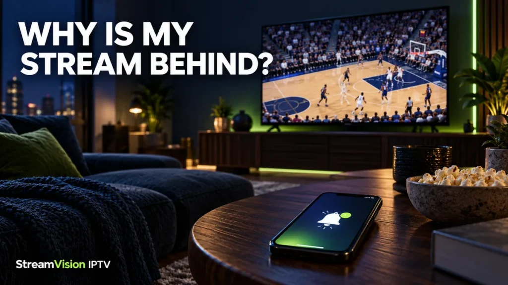 Basketball playing on a television beside a phone notification, illustrating live sports streaming delay